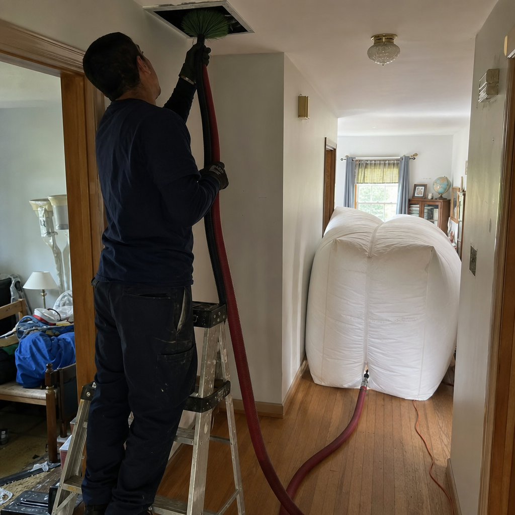 Technician using a rotating brush and vacuum to clean ceiling air ducts