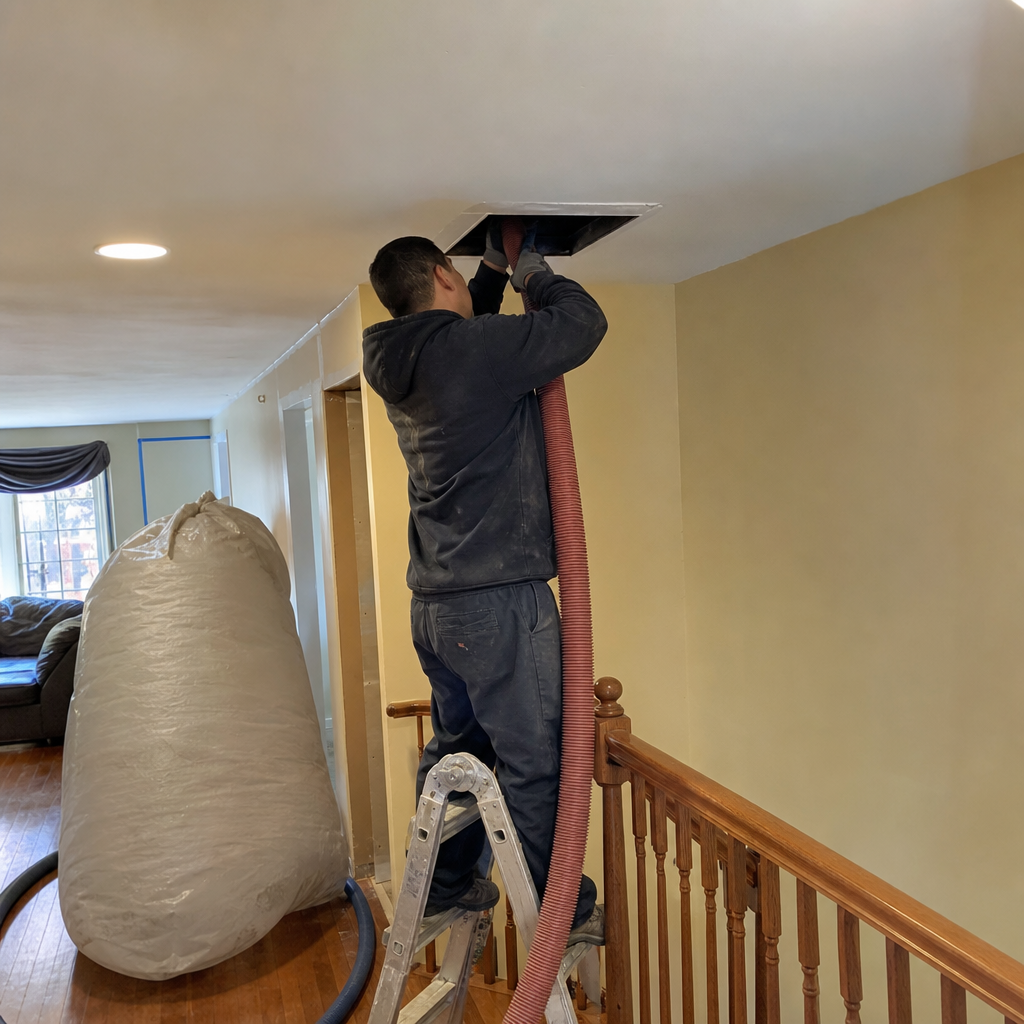 Professional technician performing residential air duct cleaning from a ceiling vent.