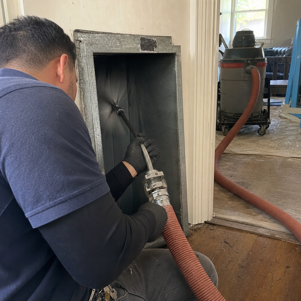 Technician using professional equipment for residential air duct cleaning