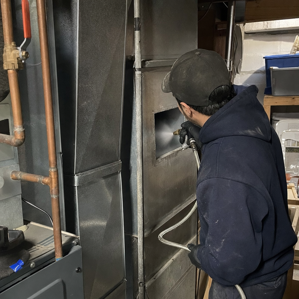 Technician performing professional HVAC air duct cleaning and sanitizing service in Commack, NY