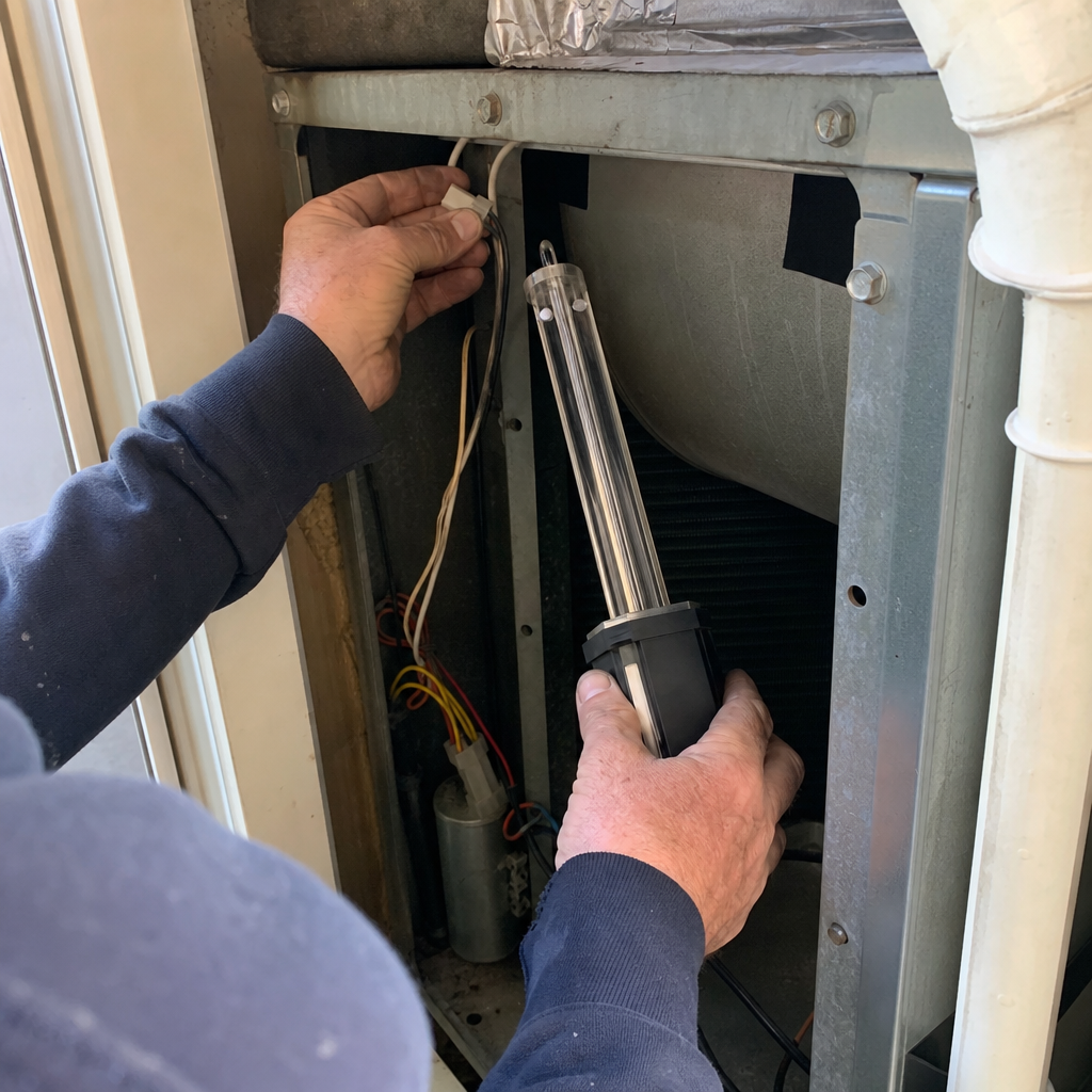 Technician installing HVAC UV germicidal light for air sanitization in Coram, CT