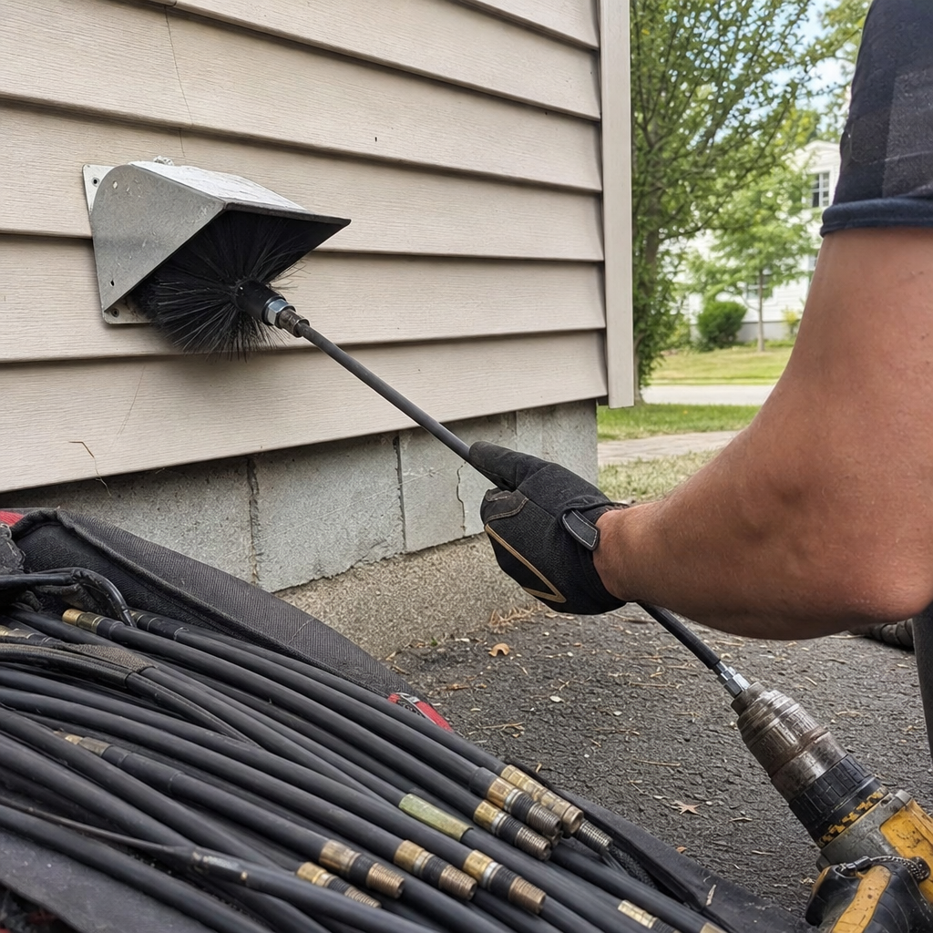 Professional technician cleaning a residential dryer vent with a rotary brush.
