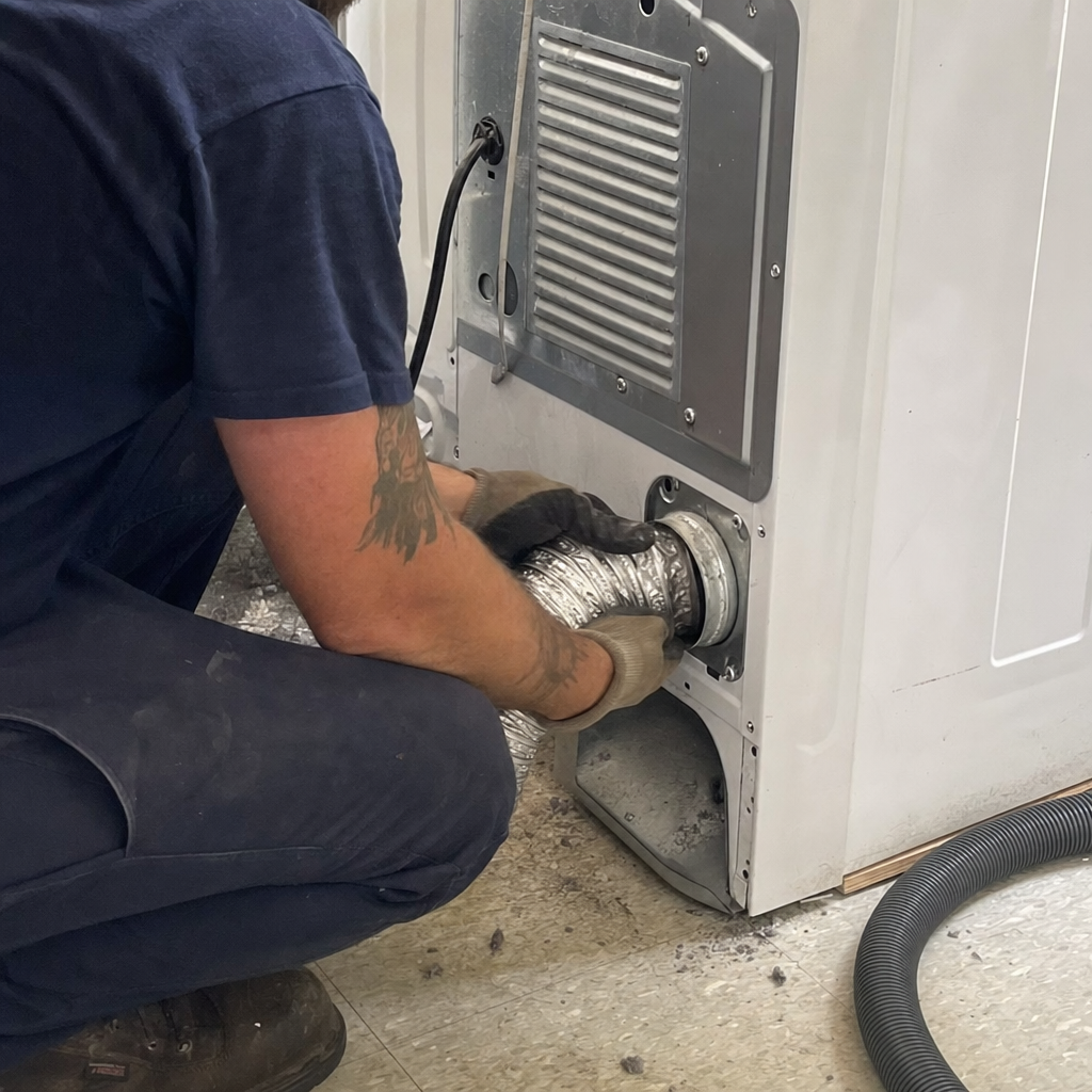 Technician performing professional dryer vent cleaning service on a residential dryer