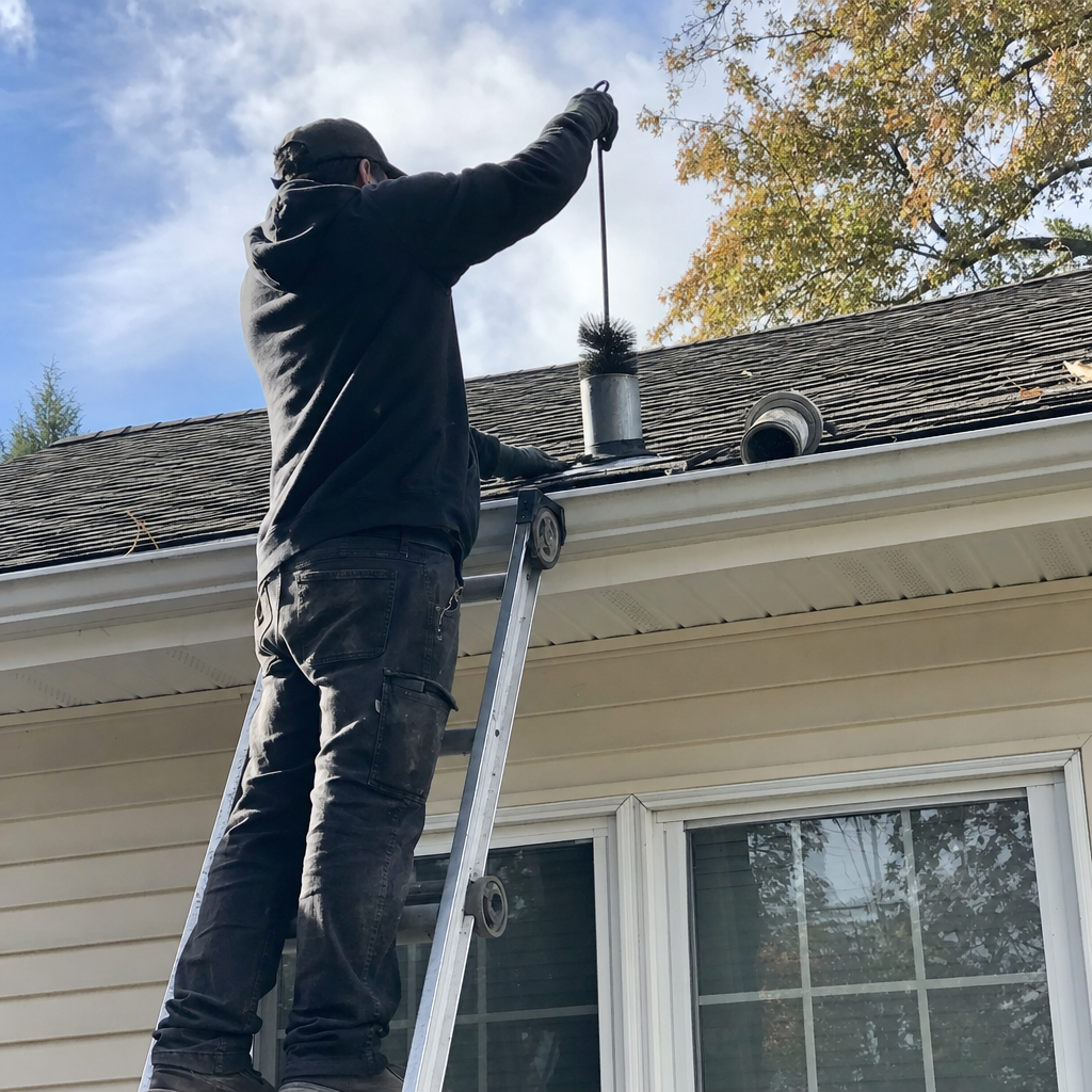 Professional technician performing residential dryer vent cleaning on a rooftop