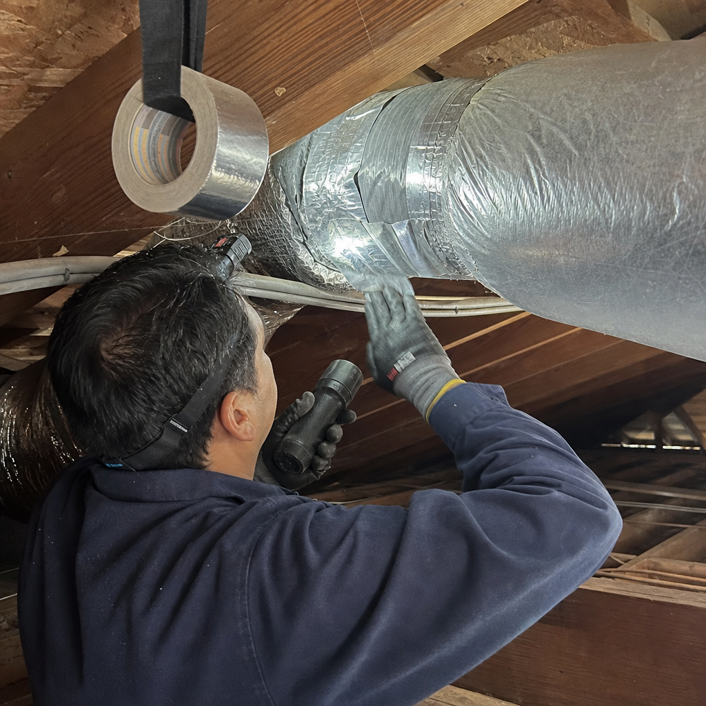 Technician performing professional air duct repair and sealing in an attic. in Plainview, CT