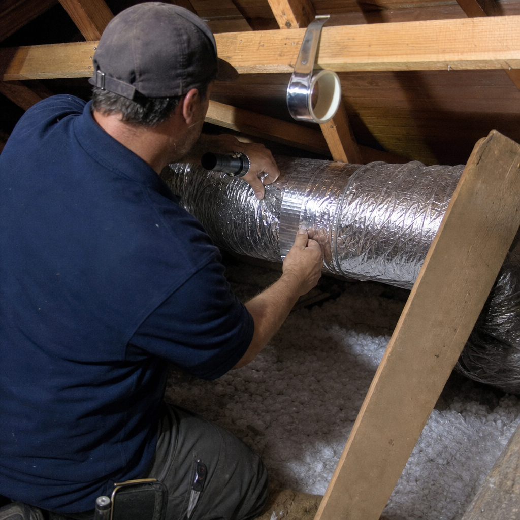 HVAC technician performing professional air duct repair and sealing in an attic. in Hebron, CT