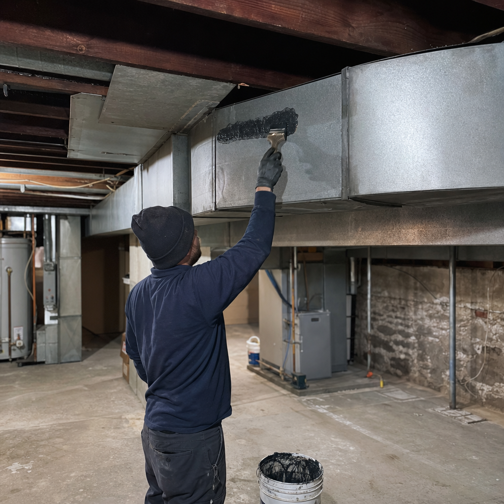 HVAC technician applying mastic sealant to metal air duct seams in Plainview, CT