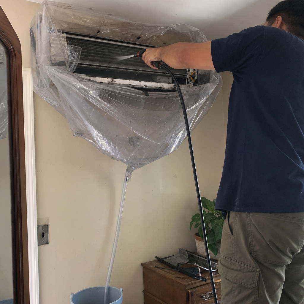 Technician performing professional deep cleaning on a ductless mini-split HVAC unit