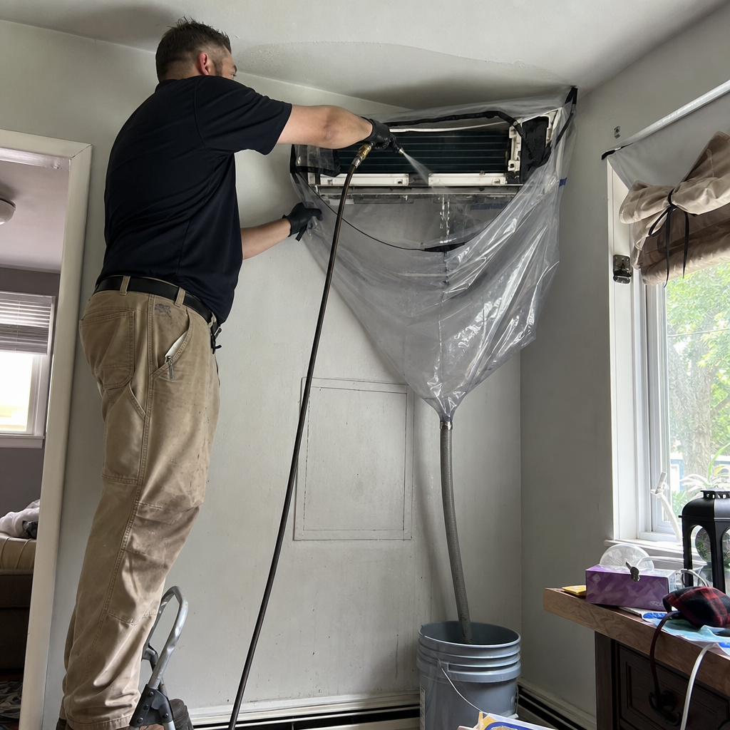 Technician performing professional mini-split air conditioner deep cleaning service