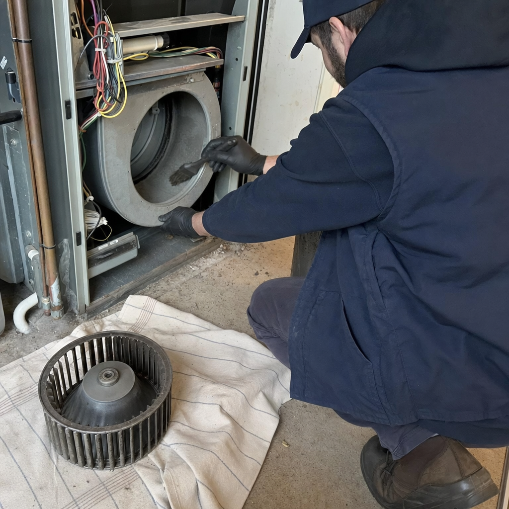 Technician performing professional HVAC blower fan cleaning and maintenance